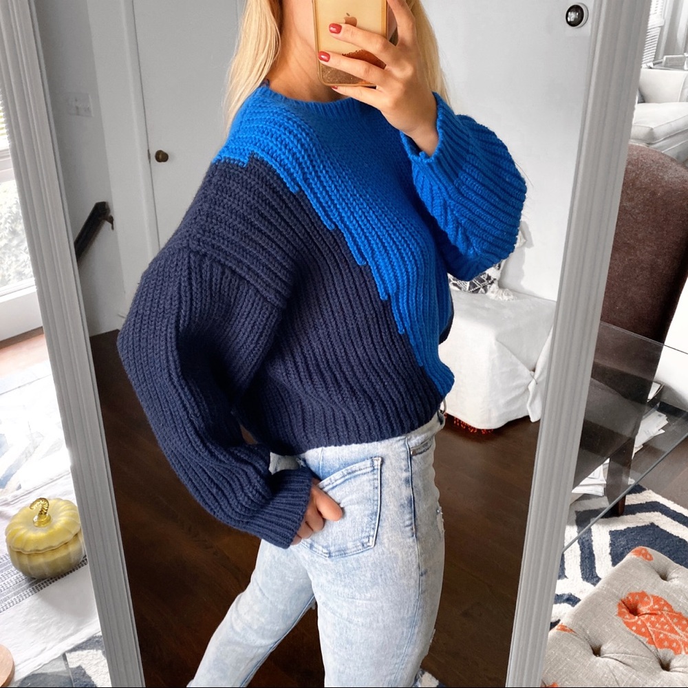 💙 ZARA BLUE NAVY COLOR BLOCK CHUNKY KNIT CROPPED JUMPER! - Picture 4 of 12